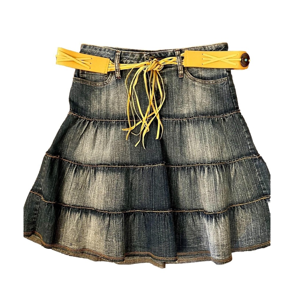 VTG Y2K Boho Festival Denim Mini Skirt‎ Sz  7 Layers Belt Grung